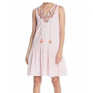 Beachlunchlounge women's medium linen stripe embroidered dress knee was white pi